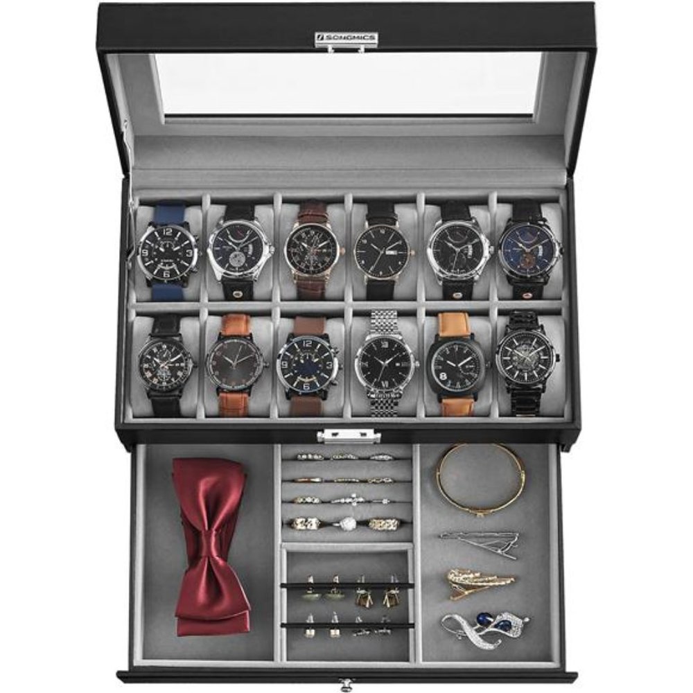 12-Slot Watch Box, Lockable Watch Case with Glass Lid, 2 Layers